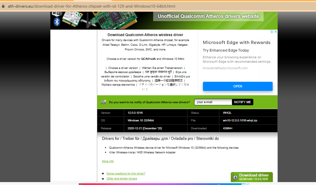 Qualcomm atheros qca61x4a wireless network adapter отключается windows 10